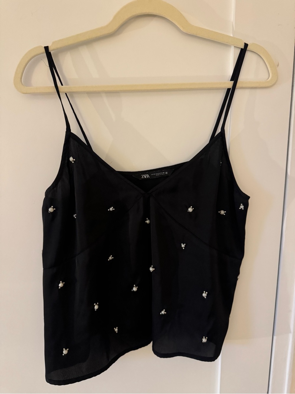 Zara Black Satin Camisole with Pearl Embellishments